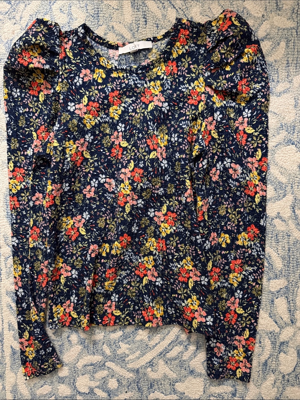 LOFT Navy Floral Puff-Sleeve Long Sleeve Tee with Pink & Yellow Blooms